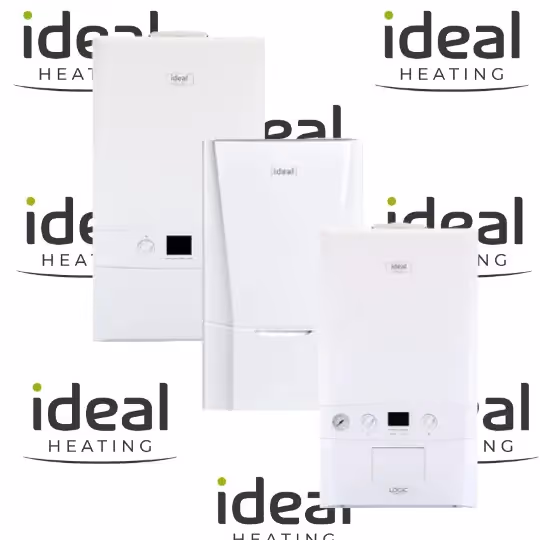 A background banner of Ideal Heating logo with 3 of their combi boilers in front