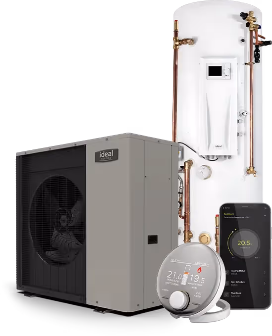 Image of an ideal logic air heat pump, the ideal water cylinder, the halo thermostat and the app all togetherras a bundle