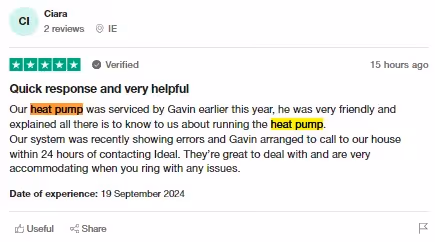 A screenshot from the Trustpilot webstie, showing a positive review for an ideal logic air heat pump