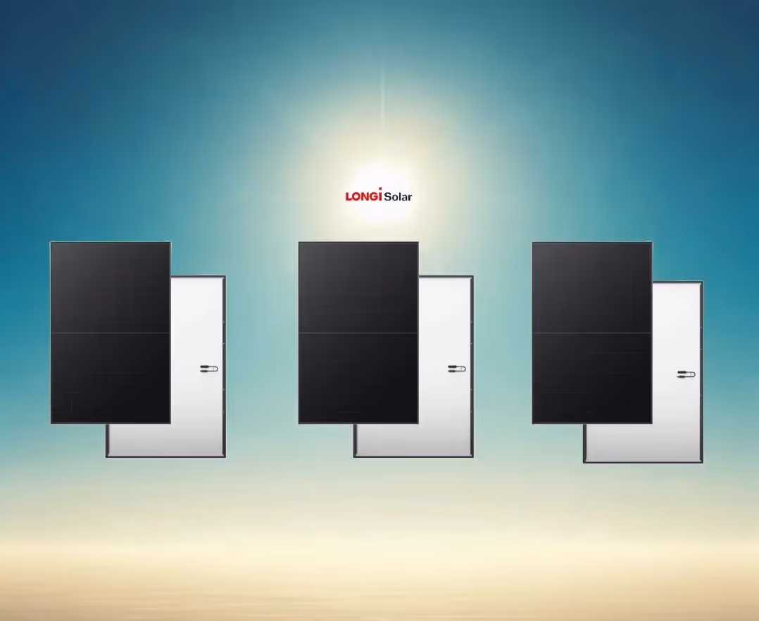 Longi solar panels, front and back, with a blue sky and sun in the background