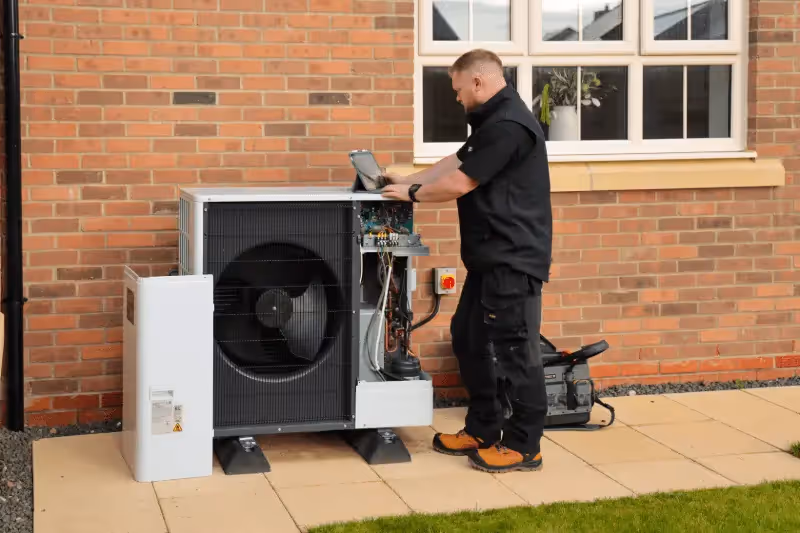 A heat engineer installing a mitsubishi ecodan heat pump at a residential property