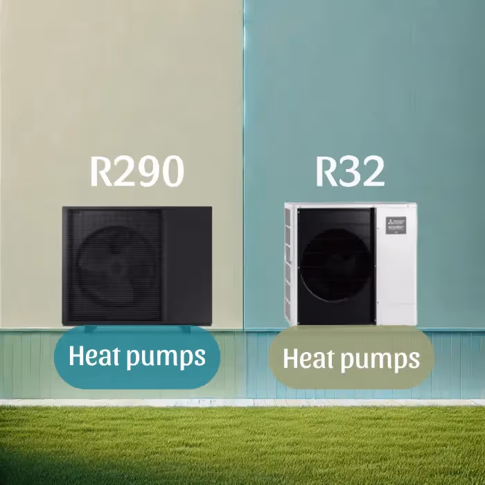 A R290 model heat pump next to a R32 heat pump, both labelled