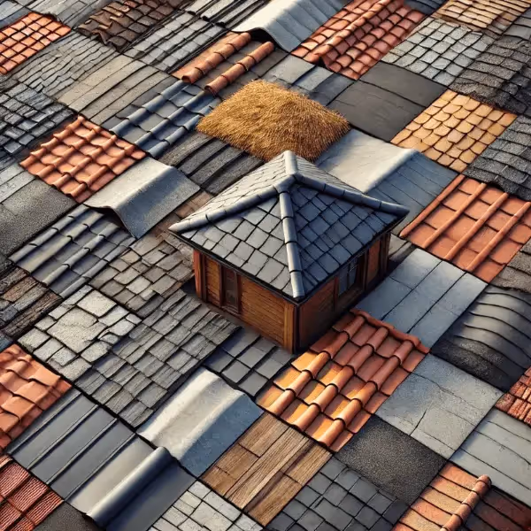 Artistic image of a small house on top of different types of tiles