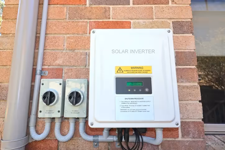 A solar inverter on a brick wall with 2 rotary switches