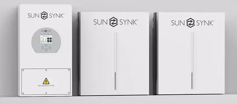 A picture of a Sunsynk inverter and two batteries