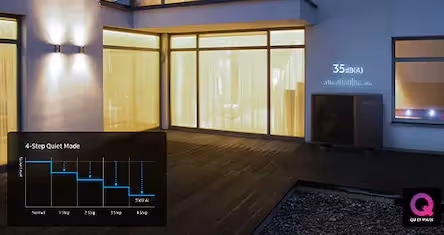 Samsung R290 heat pump outside a modern home with the QuietMark logo