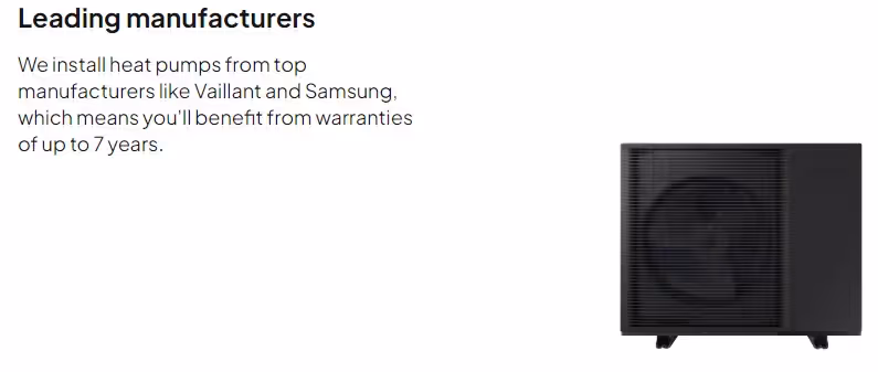 Samsung R290 heat pump with text explaining that manufacturers like Vaillant and Samsung offer warranties up to 7 years