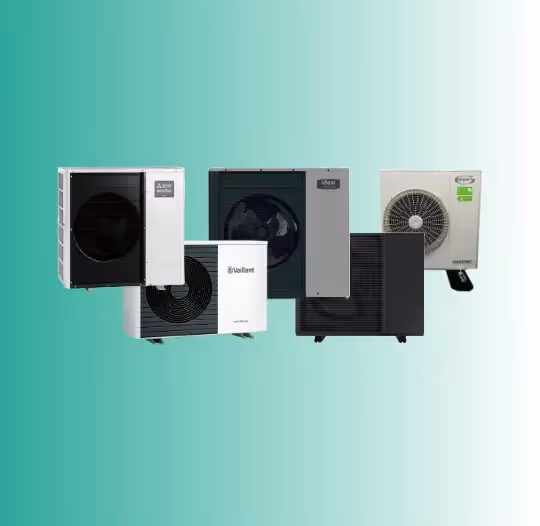 A green and white background with several heat pumps are in a row stacked on top of each other on the image