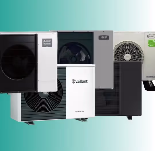 A green and white background with several heat pumps are in a row stacked on top of each other on the image