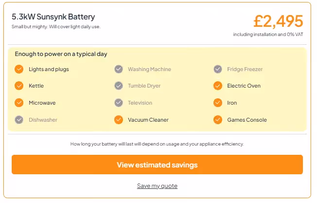 Screenshot from the dwellow website  showing which household appiances a 5kW battery will power