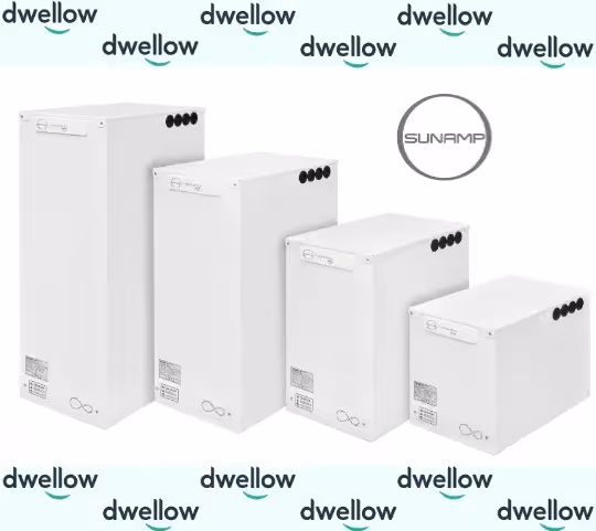 Images of the sunamp thermino x-plus range with the sunamp logo and then the dwellow logo in the top and bottom borders