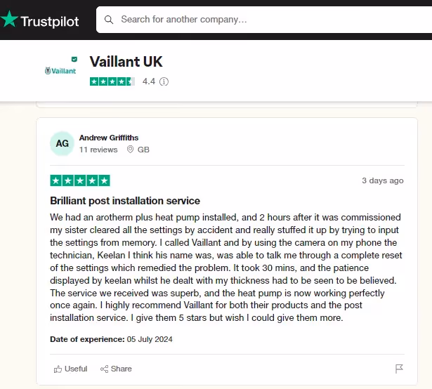 TrustPilot customer review for a Vaillant installation