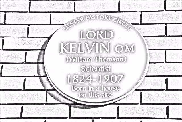 Pencil sketch of a building blue circle sign for Lord Kelvin