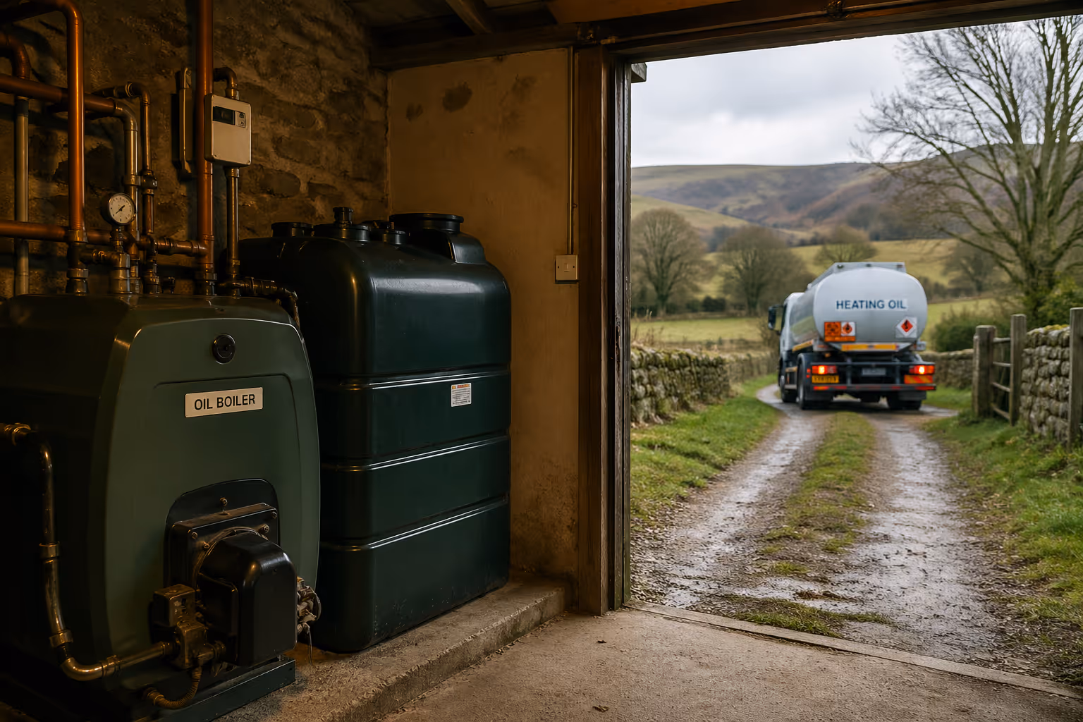 AI image of an oil tanker driving away from a rural property