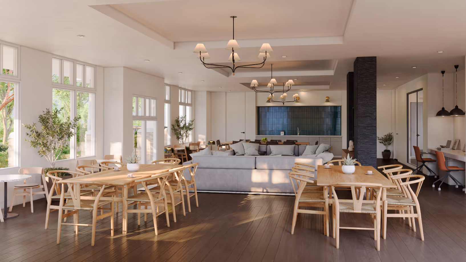 3D Rendering of Clubhouse Lounge with tables, chairs, and couches