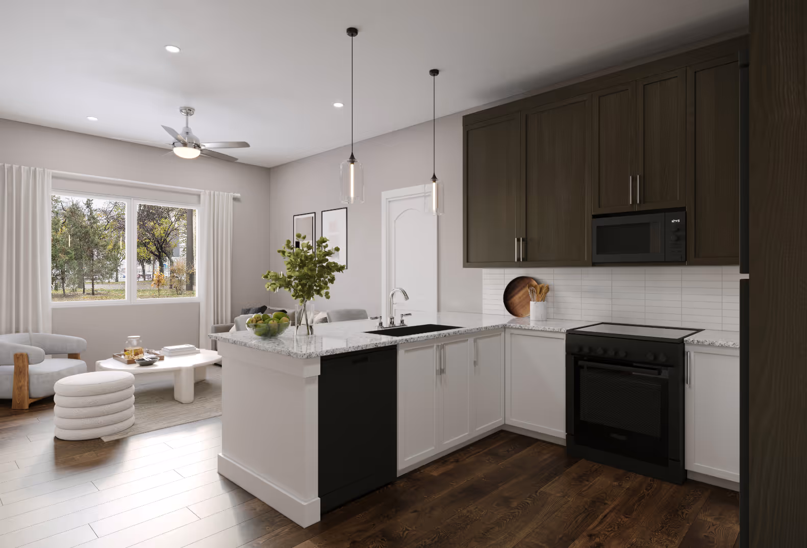 3D Rendering of Kitchen with black appliances and brown and white cabinets with view into living area with sofa