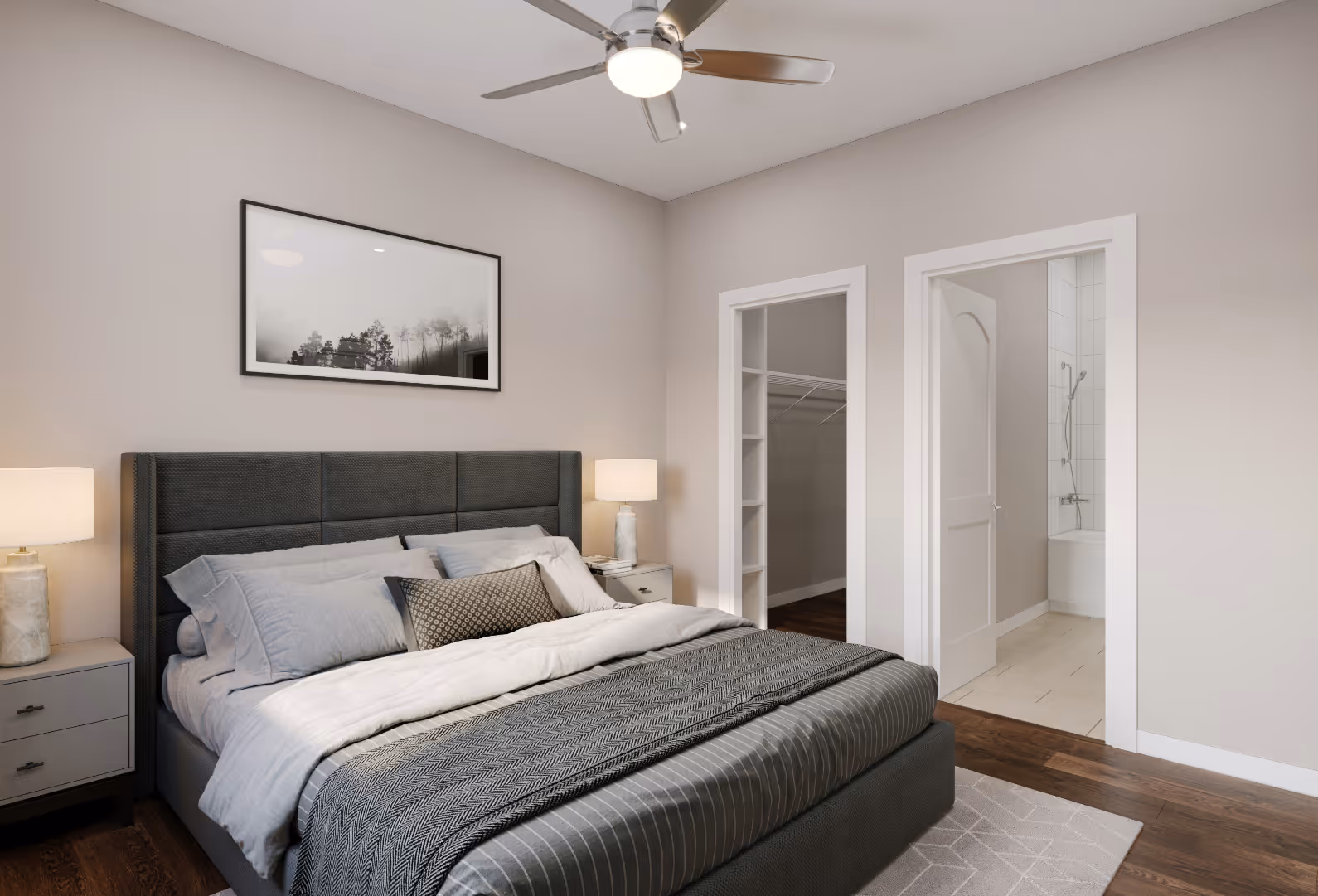 3D Rendering of master bedroom with bed, bedside tables and lamps
