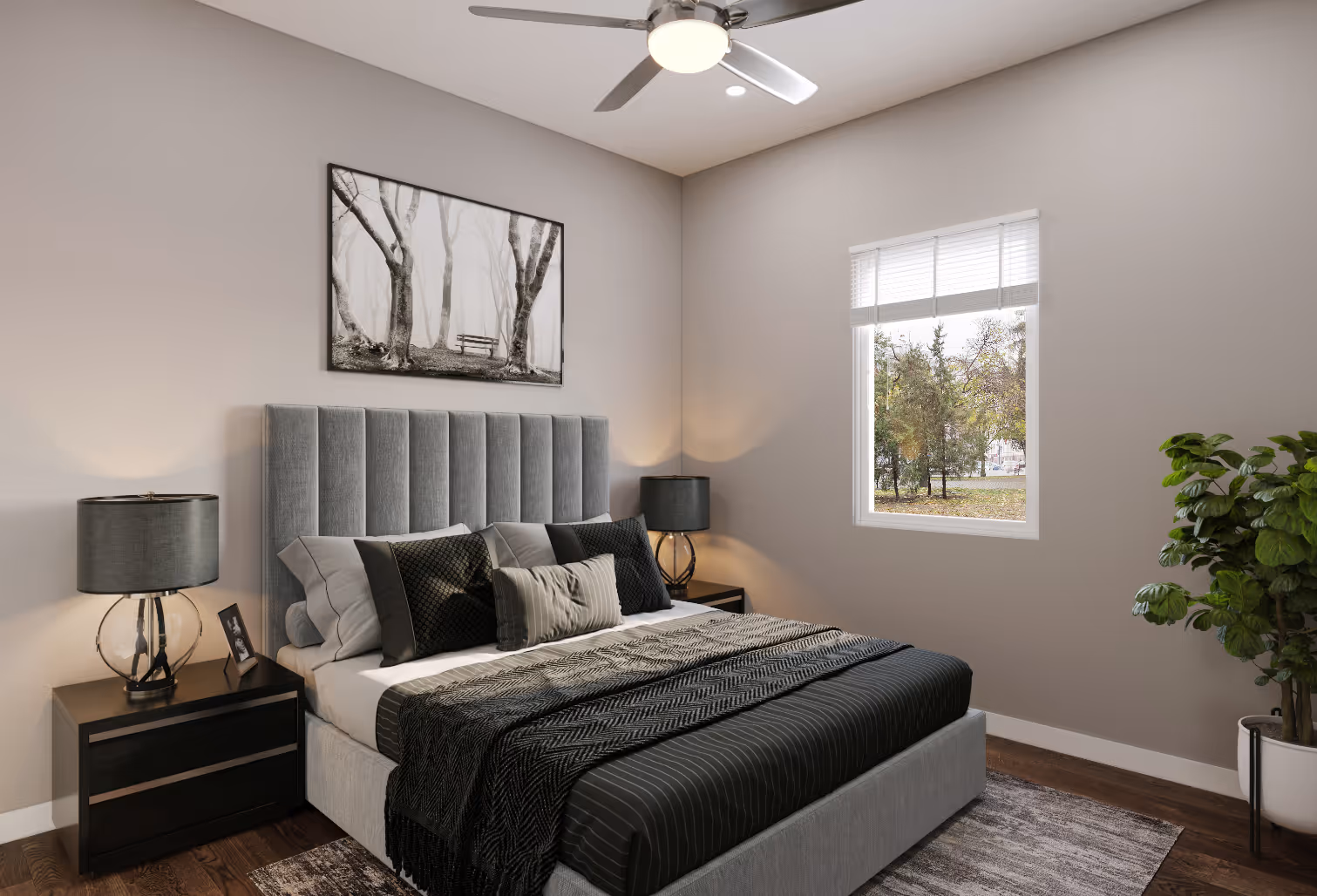 3D Rendering of bedroom with bed, bedside tables and lamps, and plant