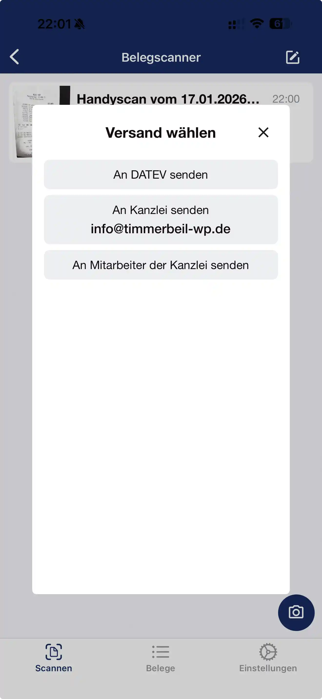 Timmerbeil-Cloud: Beleg mit dem Smartphone scannen