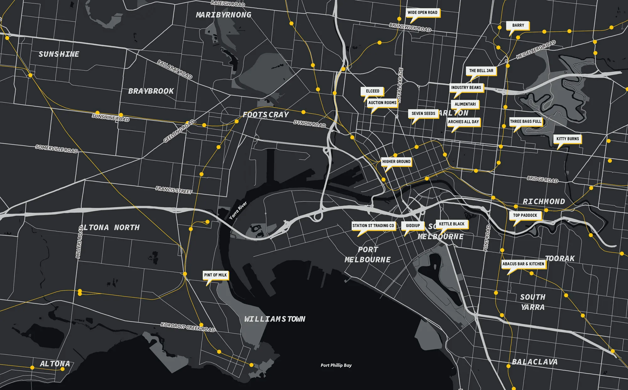 Map of Melbourne and surrounding suburbs with highlighted coffee shops and cafes labeled such as Elceed, Auction Rooms, Seven Seeds, Higher Ground, Kettle Black, and Abacus Bar & Kitchen.