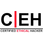 Logo CEH avec les lettres C, E et H en noir, et une barre rouge verticale entre C et E, texte Certifié Ethical Hacker en dessous.