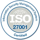 Badge certifié ISO 27001 avec un globe stylisé et texte 'Information Security Management System'.