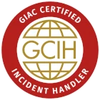 Badge rouge et or certifié GIAC Incident Handler avec un globe stylisé et les lettres GCIH au centre.