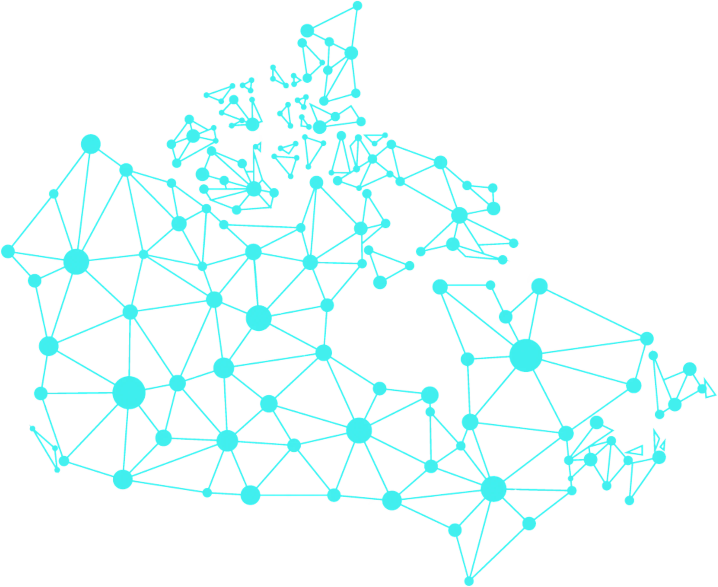 Carte du Canada composée de points lumineux bleus connectés par des lignes représentant un réseau numérique.