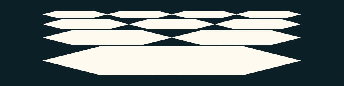 Motifs géométriques blancs en forme de losanges empilés et décalés sur fond noir.