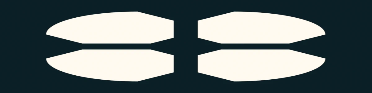 Quatre formes blanches abstraites disposées en deux rangées sur un fond noir, ressemblant à des segments ou des écailles symétriques.