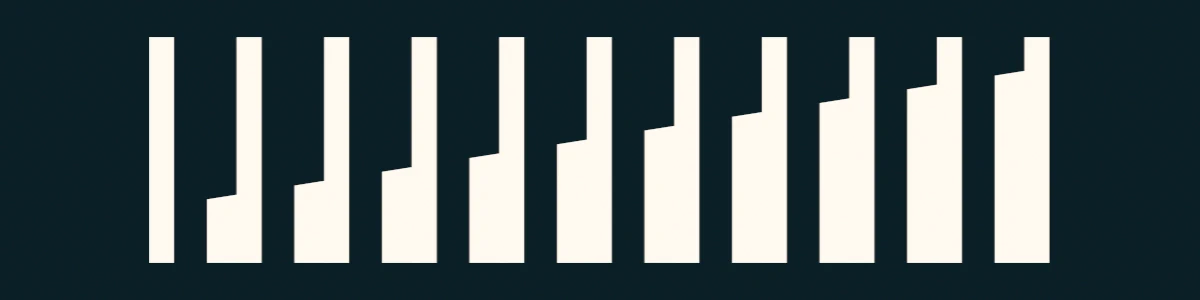 Illustration abstraite de douze colonnes verticales blanches sur fond noir, certaines avec segments décalés vers le haut.