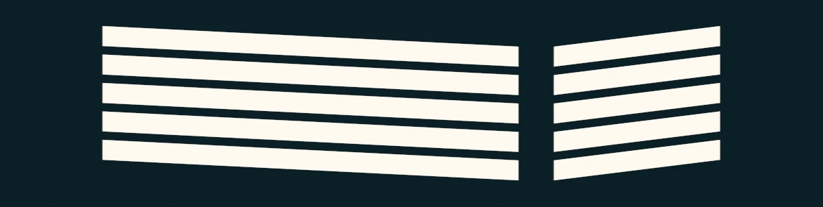 Cinq lignes blanches parallèles inclinées vers le bas à gauche et quatre lignes blanches parallèles inclinées vers le bas à droite sur fond noir, représentant une forme abstraite symétrique.