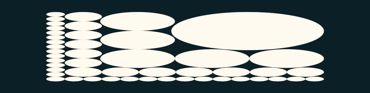 Formes ovales blanches de différentes tailles organisées en rangées et colonnes sur fond noir.