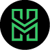 Green geometric symbol with intertwined shapes inside a black circle.