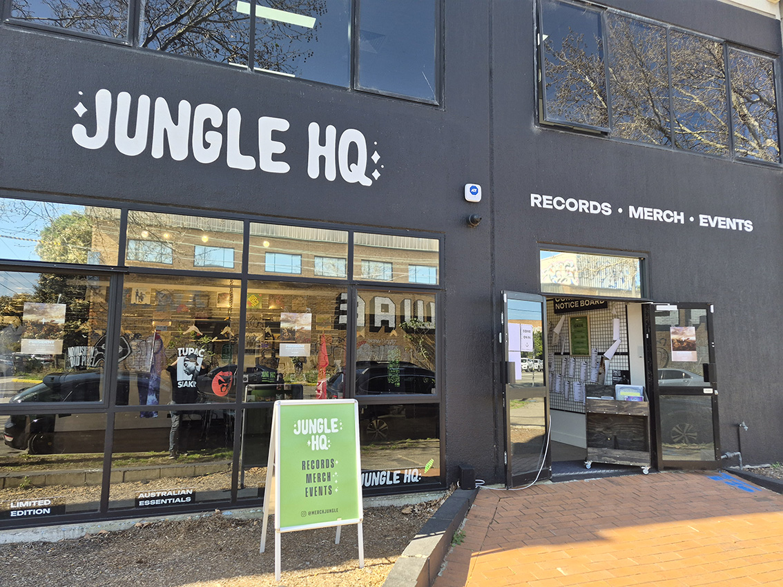 Jungle HQ storefront with records, merch and events signage