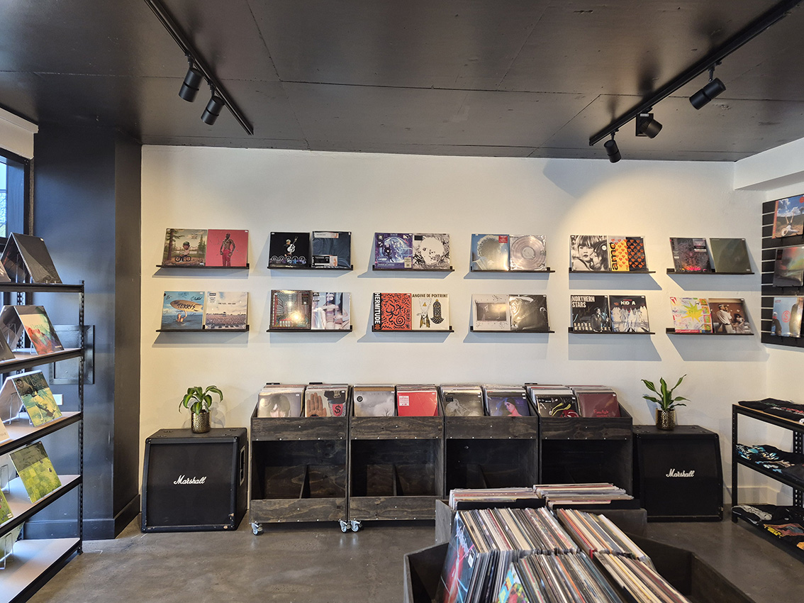 Records on display along the wall at Jungle HQ