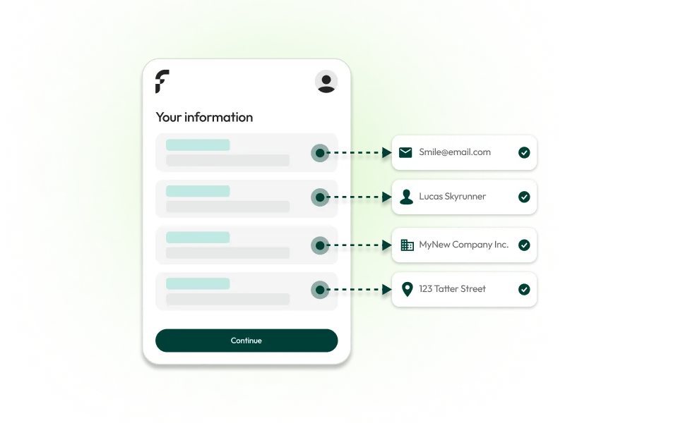 Mobile app screen on green background showing a 'Your information' form with icons and text fields for email, name, company, and address, each confirmed with a checkmark.