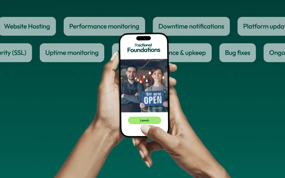 Hands holding a smartphone showing an app screen with two people holding a sign saying 'Yes, we're open' and a green 'Launch' button below, surrounded by text bubbles listing IT service features like 'Website Hosting,' 'Performance monitoring,' and 'Uptime monitoring.'