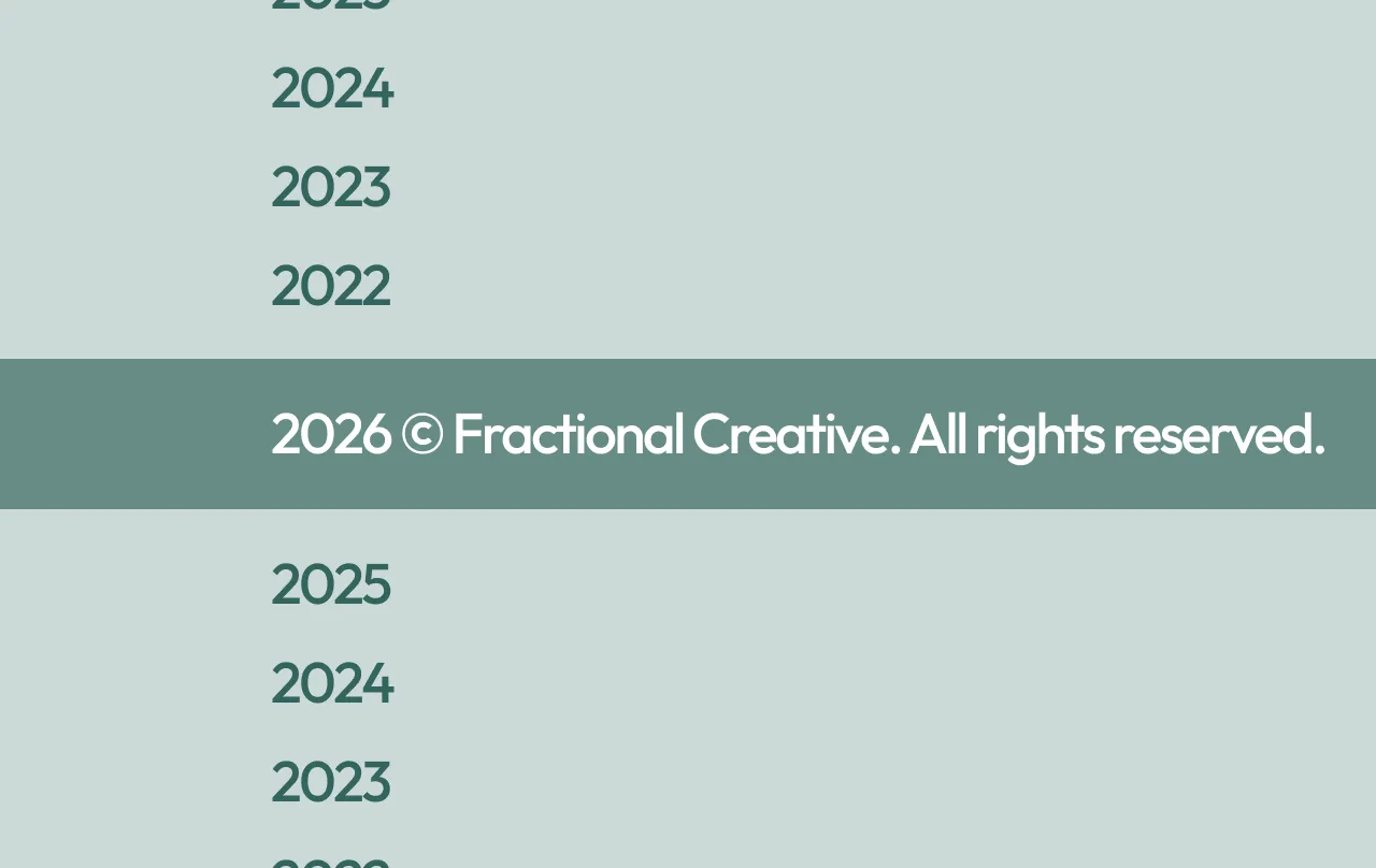 Repeated vertical list of years 2026, 2025, 2024, 2023, 2022 with a horizontal band stating © 2026 Fractional Creative. All rights reserved.