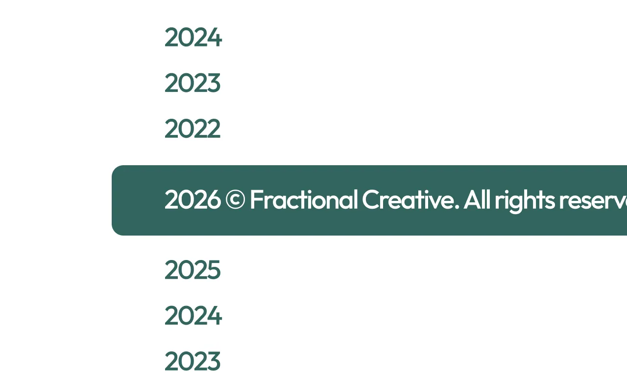 © 2026 Fractional Creative. All rights reserved text on a teal background.
