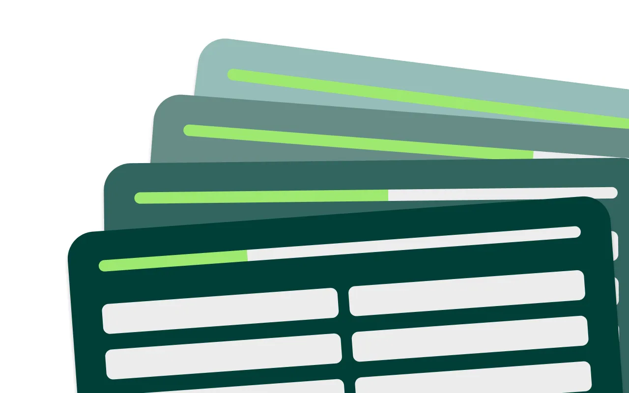 Stacked application forms with green progress bars on top, showing different completion levels.