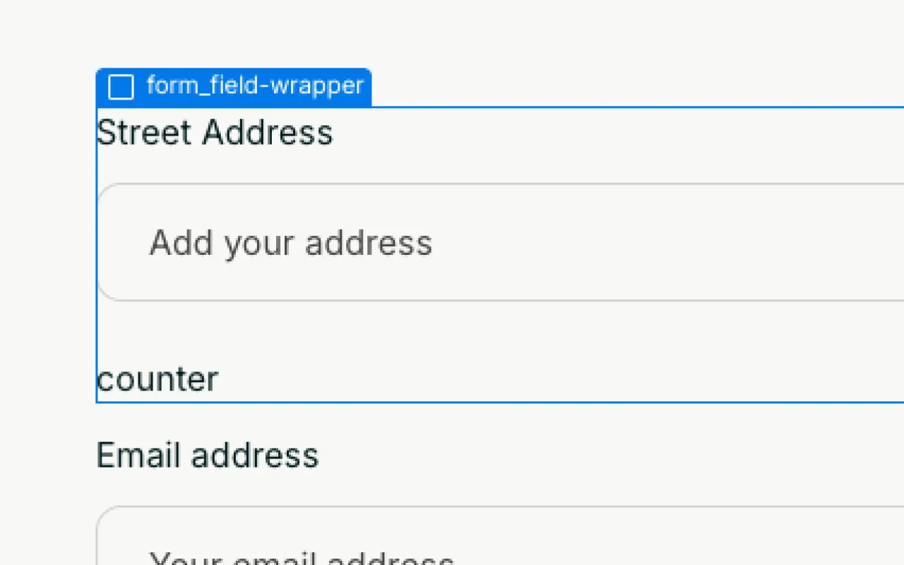 A form field section with labels 'Street Address' and 'Email address,' showing a text input placeholder for 'Add your address.'