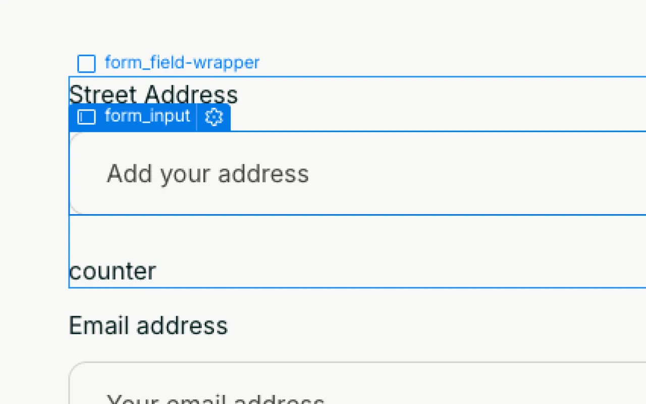 Form fields with labels 'Street Address' and 'Email address', showing an input box with placeholder text 'Add your address'.