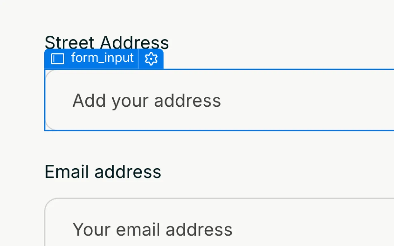 Form fields with labels 'Street Address' and 'Email address' and placeholders 'Add your address' and 'Your email address'.
