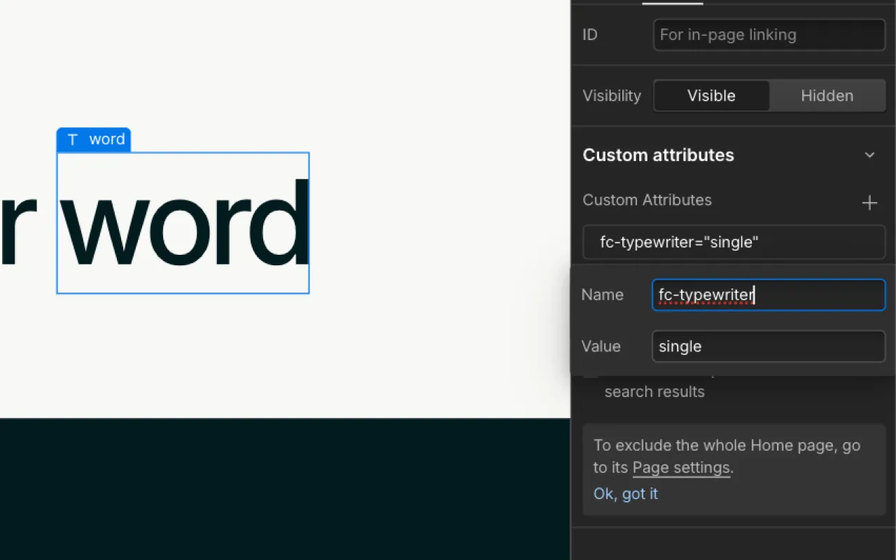Screen showing a text element labeled 'word' with custom attribute fc-typewriter set to 'single' in a website design interface.