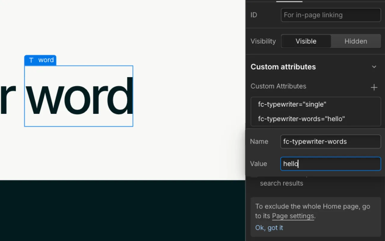 Screenshot of a web design interface showing a selected text element labeled 'word' and a panel with custom attributes including 'fc-typewriter-words' set to 'hello'.