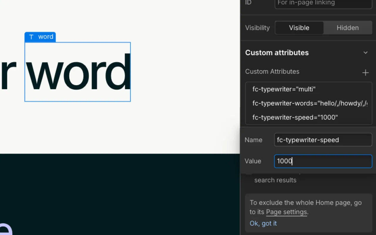 Screenshot of a web design interface showing a text element with the word 'word' selected and custom attributes for a typewriter effect, including speed set to 1000.