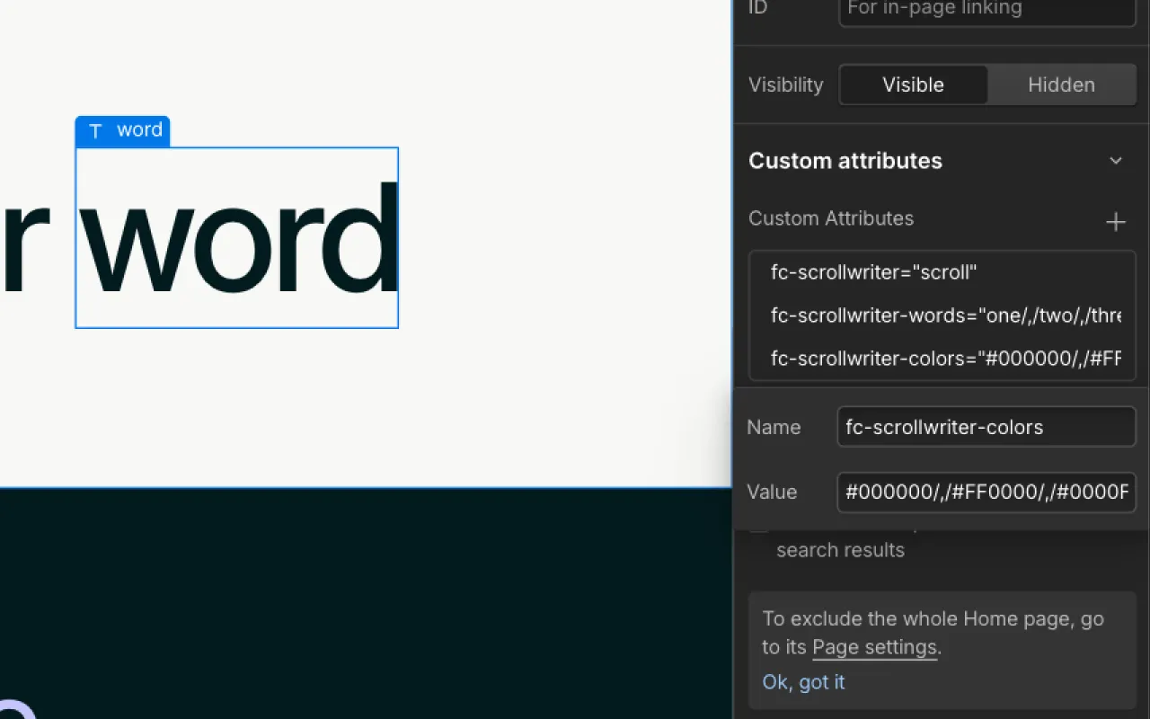 Text editing interface showing the word 'word' selected with panel for custom attributes including fc-scrollwriter colors and words.