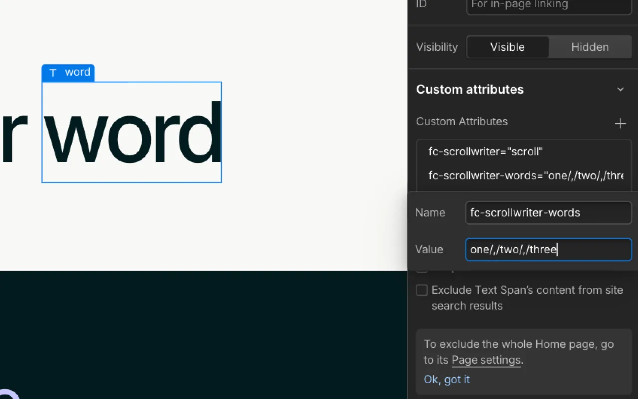 Web design interface showing custom attribute input with fc-scrollwriter-words set to one, two, three and a highlighted text span containing the word 'word'.