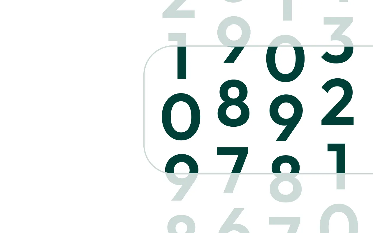 Arrangement of large and small overlapping numbers in shades of dark green and light gray on a white background.